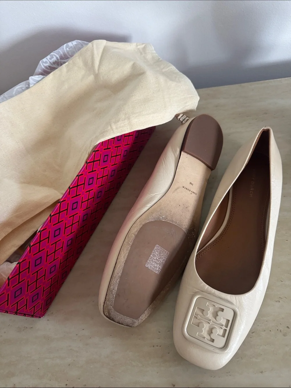 Tory Burch Cream Leather Logo Square-Toe Ballet Flats